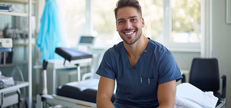 physical therapist sits in his pt practitioner room