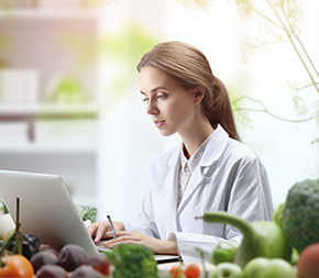 detoxification specialist on laptop with different foods and nutrients on her desk